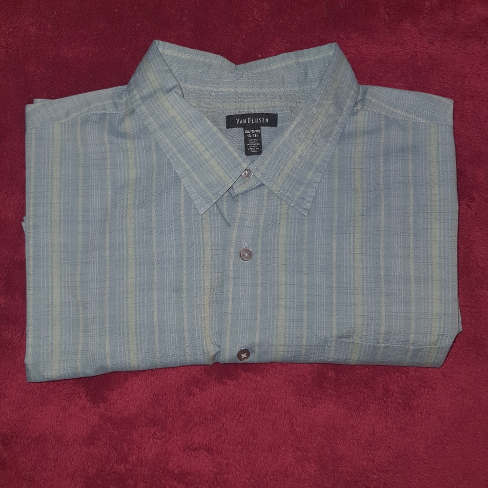 Men's Van Heusen Premium XXL Short Sleeve Casual Shirt Blue Striped 18 ½ Neck - Picture 8 of 9